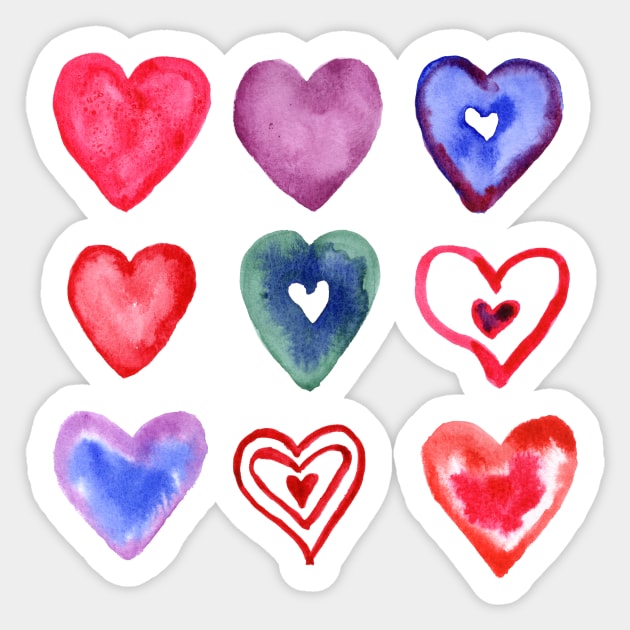 Dark Multi colored watercolor hearts Sticker by JenPolegattoArt